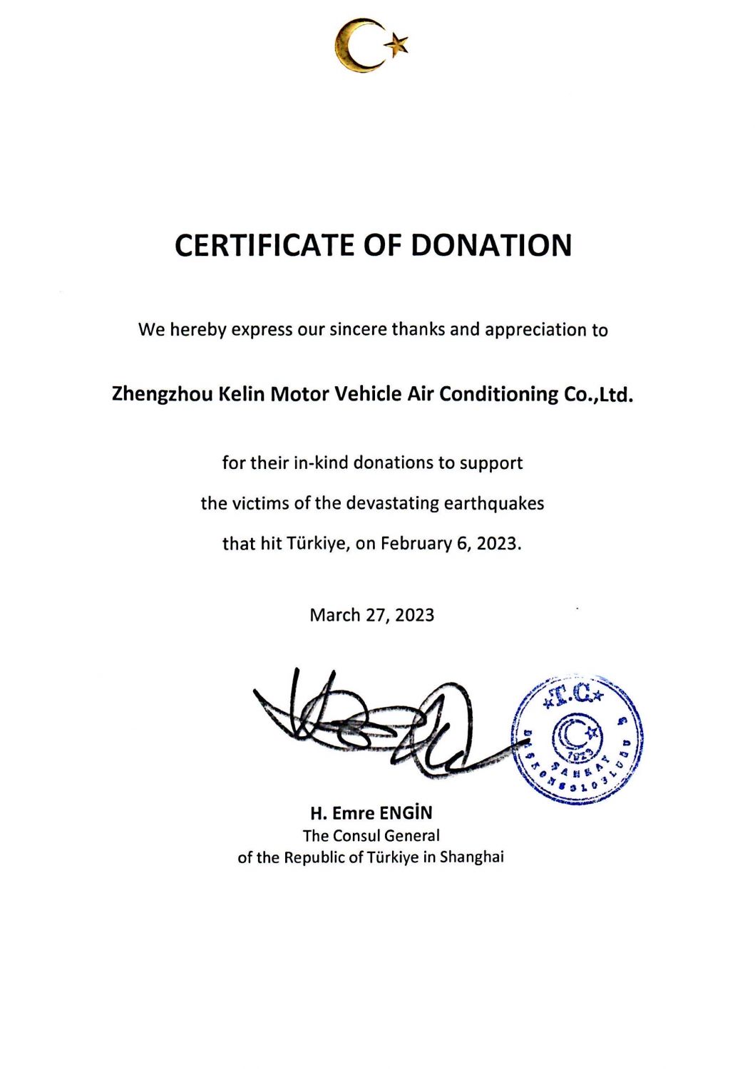 Received a certificate of thanks from Turkey